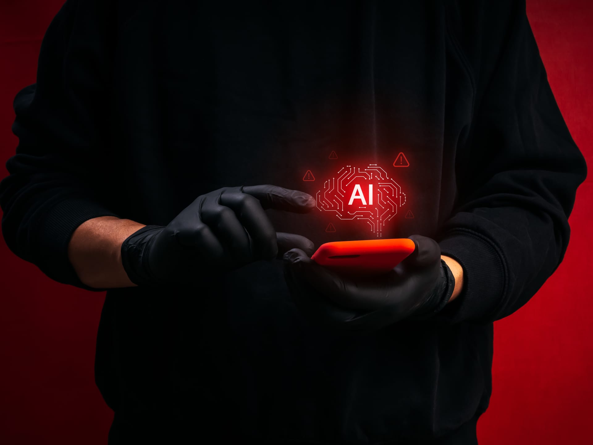 Cybercriminal using a smartphone with an AI-powered scam interface