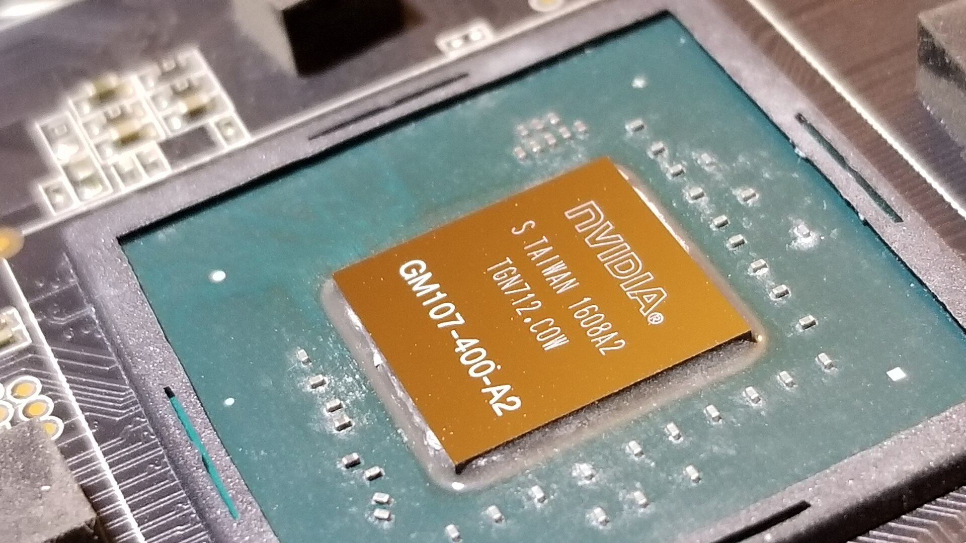 Close-up photograph of an NVIDIA GPU package