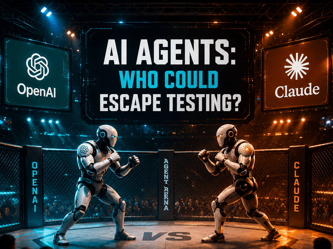 AI agents facing off in a cybersecurity arena during a Sunday morning news briefing